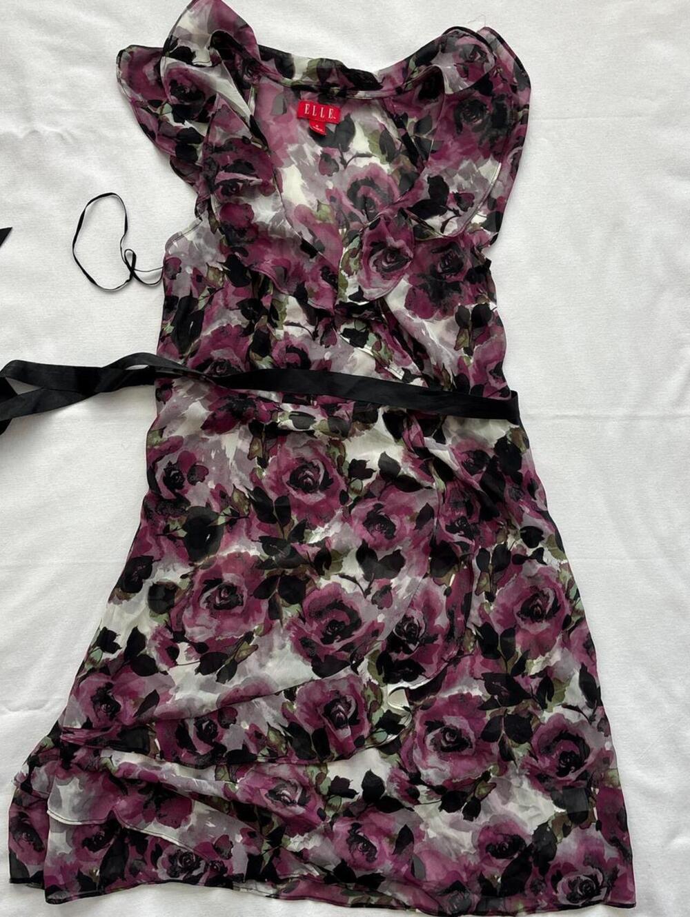 Purple floral wrap see through dress with black ribbon, size small